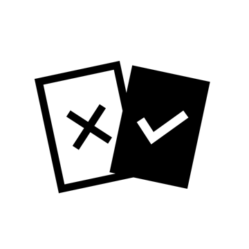 Delete Me app icon: two photos tilted apart, an outlined one marked with a cross and a solid black one marked with a tick.